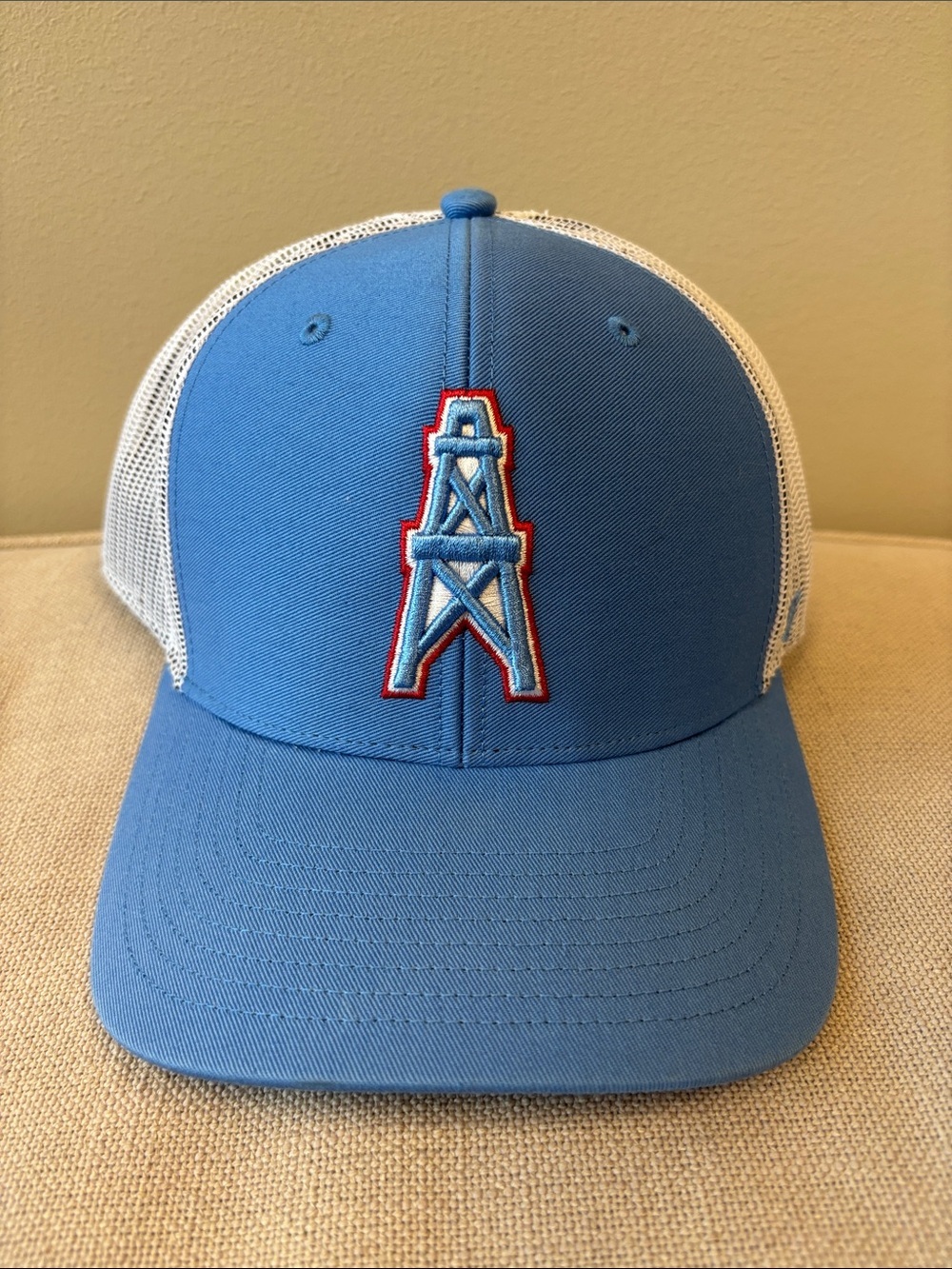 Oilers Light Blue Trucker Hat with Embroidered Oil Derrick Logo